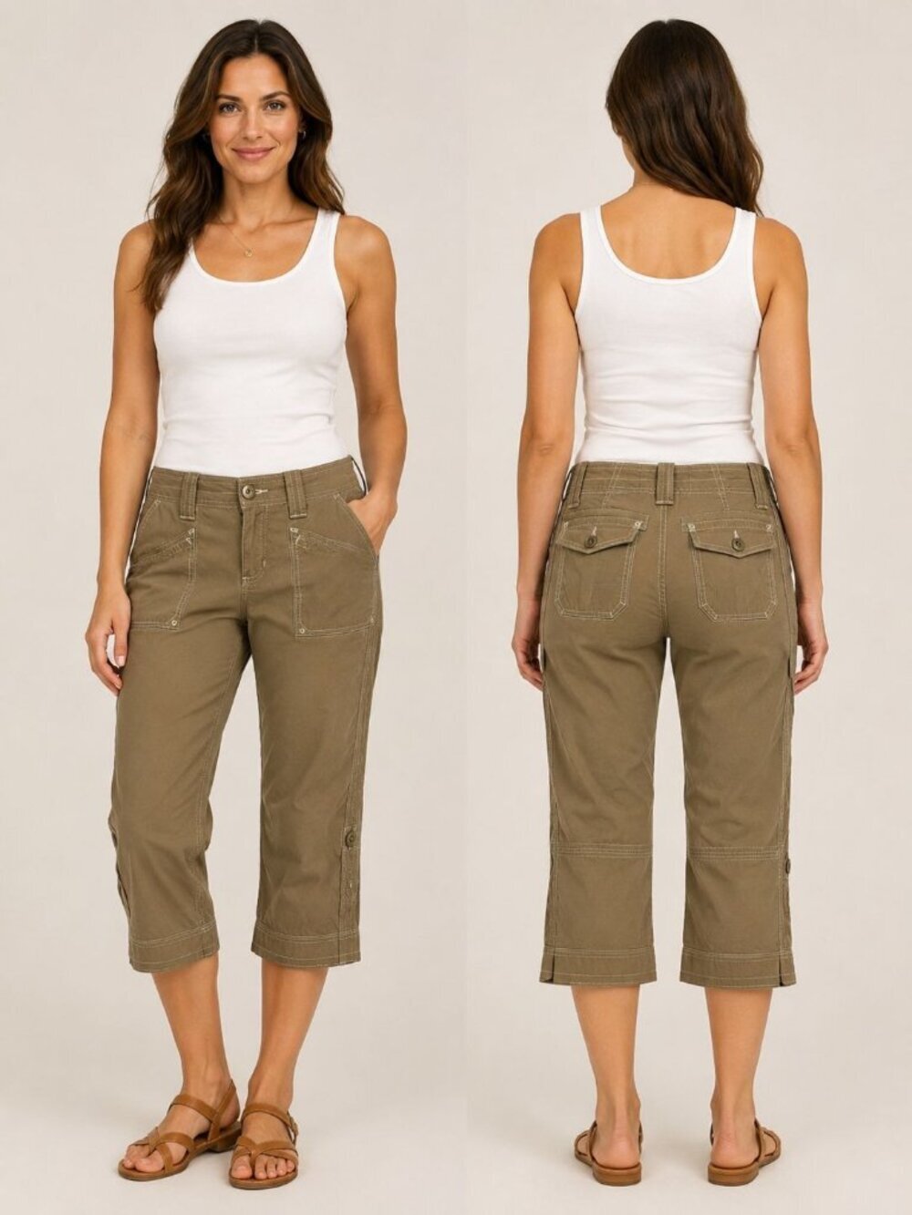 Aventura Womens Organic Cotton Capri Pants Cargo Cropped Relaxed Fit Khaki SZ 6